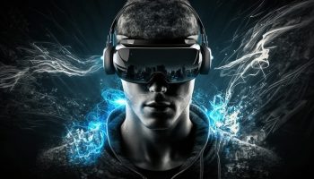 Man wearing a virtual reality glasses, futuristic concept, created with generative AI